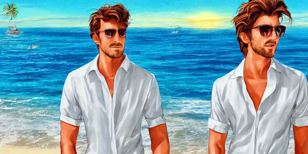 Prompt: a handsome guy is standing tall, in a beautiful shirt, with the beach, sea, sun, rays in the background? super detail, one character