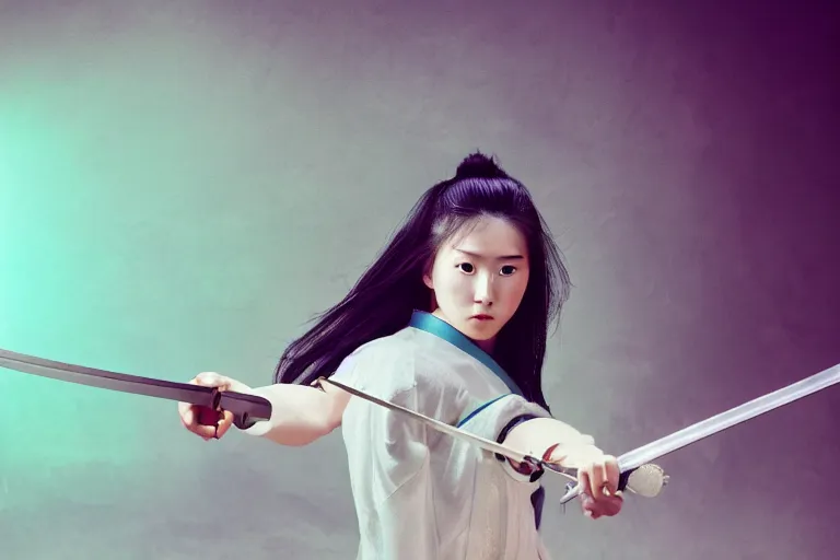 Image similar to beautiful photo of a young female samurai, practising sword stances, symmetrical face, beautiful eyes, huge oversized anime sword, award winning photo, muted pastels, action photography, 1 / 1 2 5 shutter speed, dramatic lighting