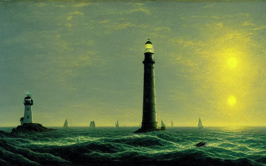 Prompt: a lighthouse in the middle of the ocean, painting by Caspar David Friedrich, gothic art, apocalypse landscape, atmospheric, nightscape, highly detailed