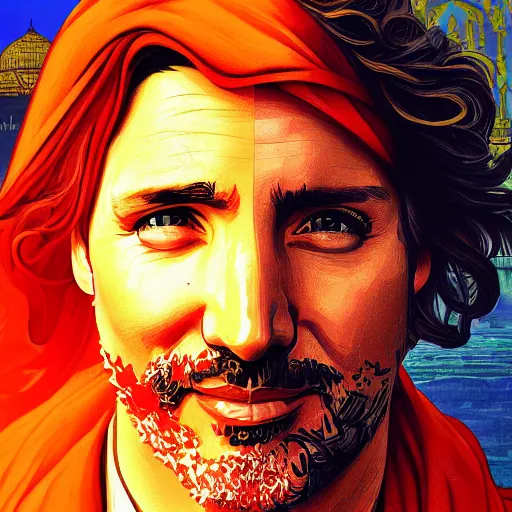 Image similar to portrait justin trudeau wearing orange pheta, setting taj mahal, ssci - fi and fantasy, intricate highly detailed digital painting, artstation, concept art, smooth and sharp focus, illustration, art by tan zi and ayanamikodon and alphonse mucha and wlop