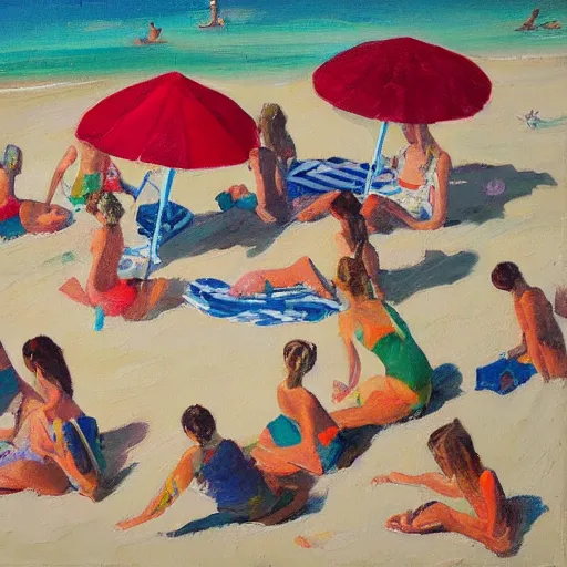 Image similar to a painting of people on a beach with umbrellas, birdseye view, a painting by Sally West, featured on tumblr, action painting, oil on canvas, painterly