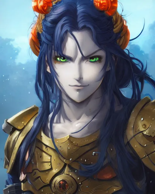 Image similar to An anime portrait of a beautiful D&D half-orc female with long wavy dark blue hair, bright orange eyes, intricate full body armour, fantasy soldier, by Stanley Artgerm Lau, WLOP, Rossdraws, James Jean, Andrei Riabovitchev, Marc Simonetti, and Sakimichan, highly detailed, ultra detailed, golden hour, trending on artstation, cgstudio