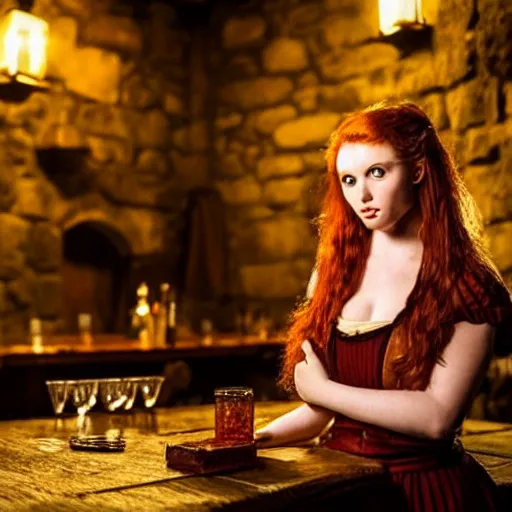 Prompt: beautiful bar maid with auburn hair and green eyes, in a medieval tavern at night, dramatic, cinematic, filmic