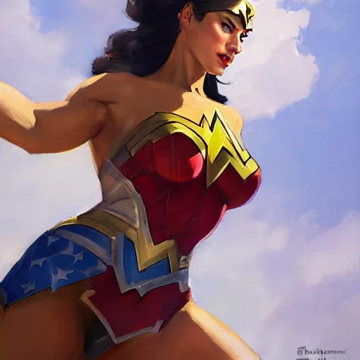 Image similar to greg manchess portrait painting of wonderwoman as overwatch character, medium shot, asymmetrical, profile picture, organic painting, sunny day, matte painting, bold shapes, hard edges, street art, trending on artstation, by huang guangjian and gil elvgren and sachin teng