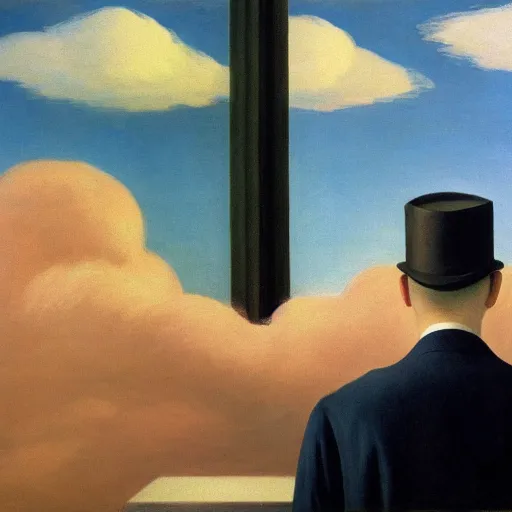 Prompt: a portrait painting of a detective with a paper bag over his head, the man is surrounded by clouds, Edward hopper, Rene Magritte, 4k,