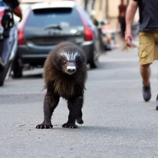 Image similar to honey badger walking down the street ignoring people shouting at him