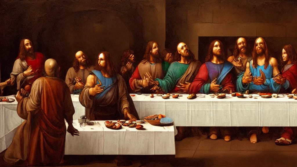 Image similar to mandalorian at the last supper, by leonardo davinci, concept art, oil painting, art station