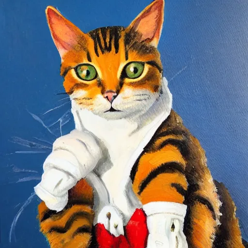 Image similar to palette knife oil painting of a cat wearing a mickey gloves