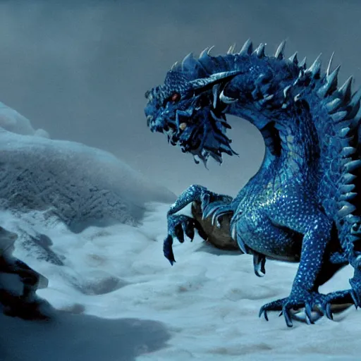 Image similar to dead blue dragon, in the snow, ethereal, matte painting, still from the movie, high fantasy,