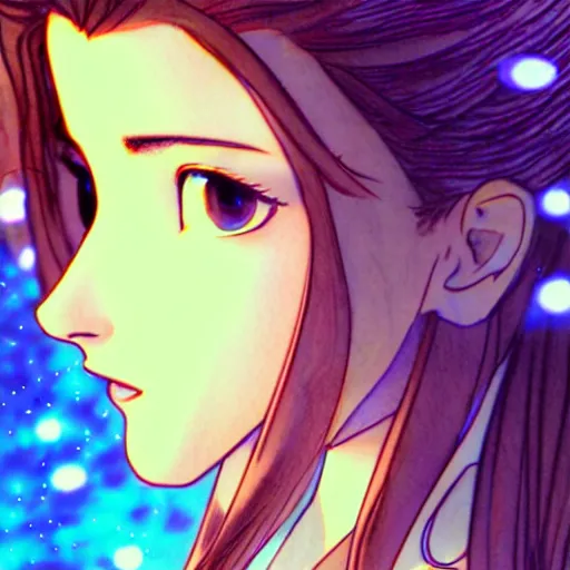 Image similar to daydreaming Aerith Gainsborough close-up portrait looking straight on, complex artistic color ink pen sketch illustration, full detail, gentle shadowing, fully immersive reflections and particle effects, chromatic aberration.