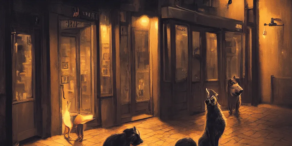 Prompt: a lady dog is waiting at the door of a jazz club, warm color palette, night time, dramatic lighting, noir film, character sheet, fine details, high contrast, blacksad, kim jung gi, greg rutkowski, trending on artstation, 8 k, front view, back view, ultra wide angle