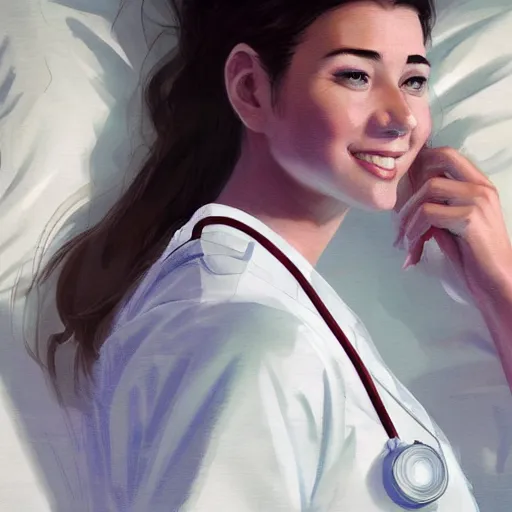 Image similar to a very beautiful female doctor in scrubs, looking at her phone, smiling, close up, laying on bed, hospital room, by greg rutkowski, trending on artstation