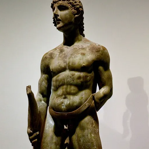Prompt: an ancient greek statue, with visible wear and broken nose, showing the full body of a soldier preparing for battle