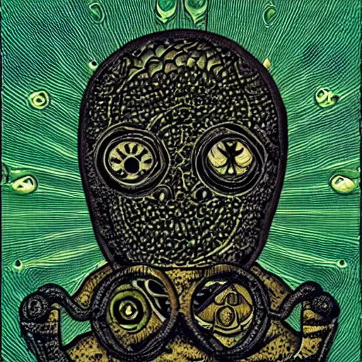 Prompt: a tarot card of an alien face made of water texture, highly detailed symbols as frames of the card