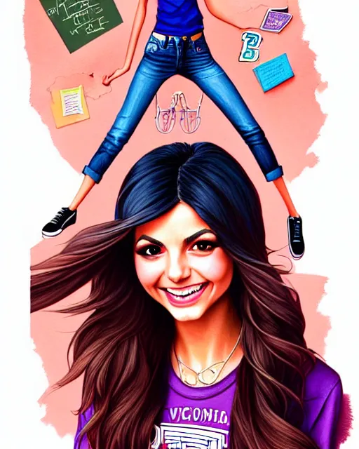 Image similar to richly detailed color  illustration of Victoria Justice as a prep highschool student surrounded by beautiful cursive writing, large format image. illustrated by Artgerm and Mina Petrovic and Timothy Kong and Marina Federovna. 3D shadowing.