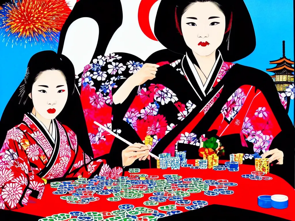 Image similar to hyperrealistic composition of the detailed woman in a japanese kimono sitting at a poker table with detailed darth vader, fireworks, mount fuji on the background, pop - art style, jacky tsai style, andy warhol style, acrylic on canvas