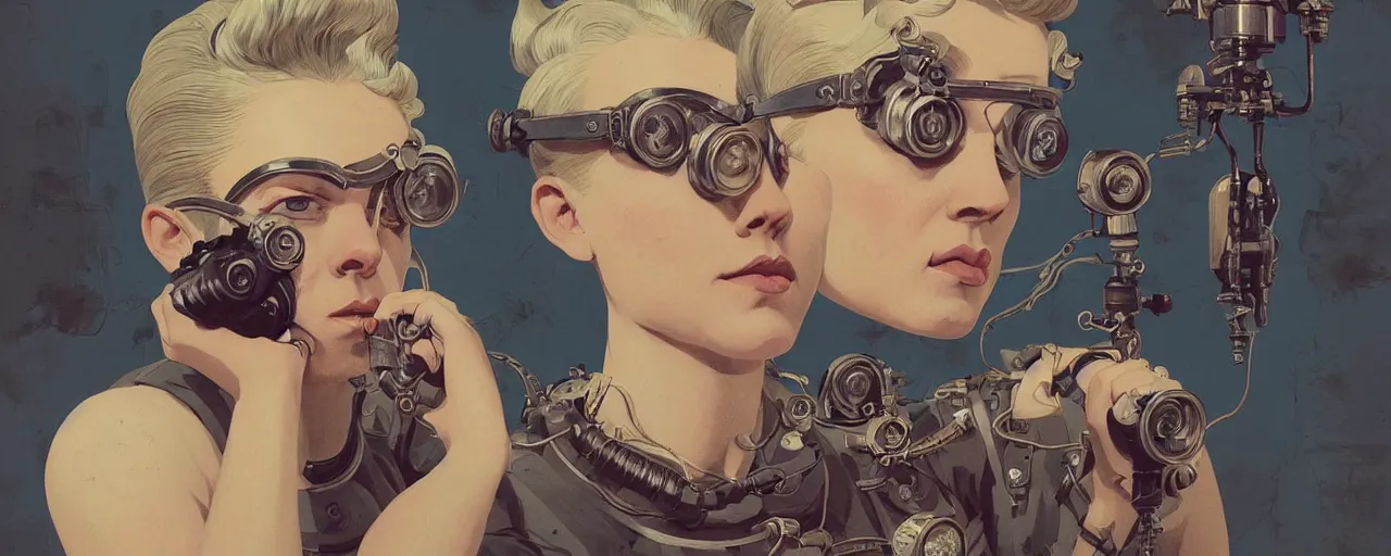 Image similar to vintage illustration 3 / 4 portrait of stoic tattooed heroic emotionless butch blonde woman engineer with short slicked - back hair, wearing victorian goggles, awkward and uncomfortable and anxious, dynamic composition by sachin teng and sergey kolesov and ron cobb. industrial space program, scifi, hyper detailed. octane render. concept art. trending on artstation