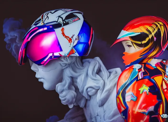 Image similar to extremely beautiful photo of a white marble statue of an anime girl with colorful motocross logos and motorcycle helmet with closed visor, colorful smoke in the background, carved marble statue, fine art, neon genesis evangelion, virgil abloh, offwhite, denoise, highly detailed, 8 k, hyperreal