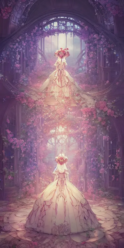 Image similar to the beautiful hyperdetailed physical rendering of a single rose wedding gothic lolita dress clothing design display in exhibition hall, perfectly shaded, atmospheric lighting, in the style of makoto shinkai victo ngai and peter mohrbacher studio ghibli artgerm stanley artgerm lau wlop rossdraws beeple, surrealistic style, 8 k hd, 3 drender