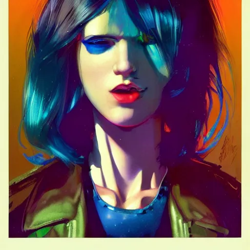 Image similar to hologram punk woman is interested, with cute - fine - face, pretty face, oil slick hair, realistic shaded perfect face, extremely fine details, by realistic shaded lighting, dynamic background, poster by ilya kuvshinov katsuhiro otomo, magali villeneuve, artgerm, jeremy lipkin and michael garmash and rob rey, pascal blanche, kan liu