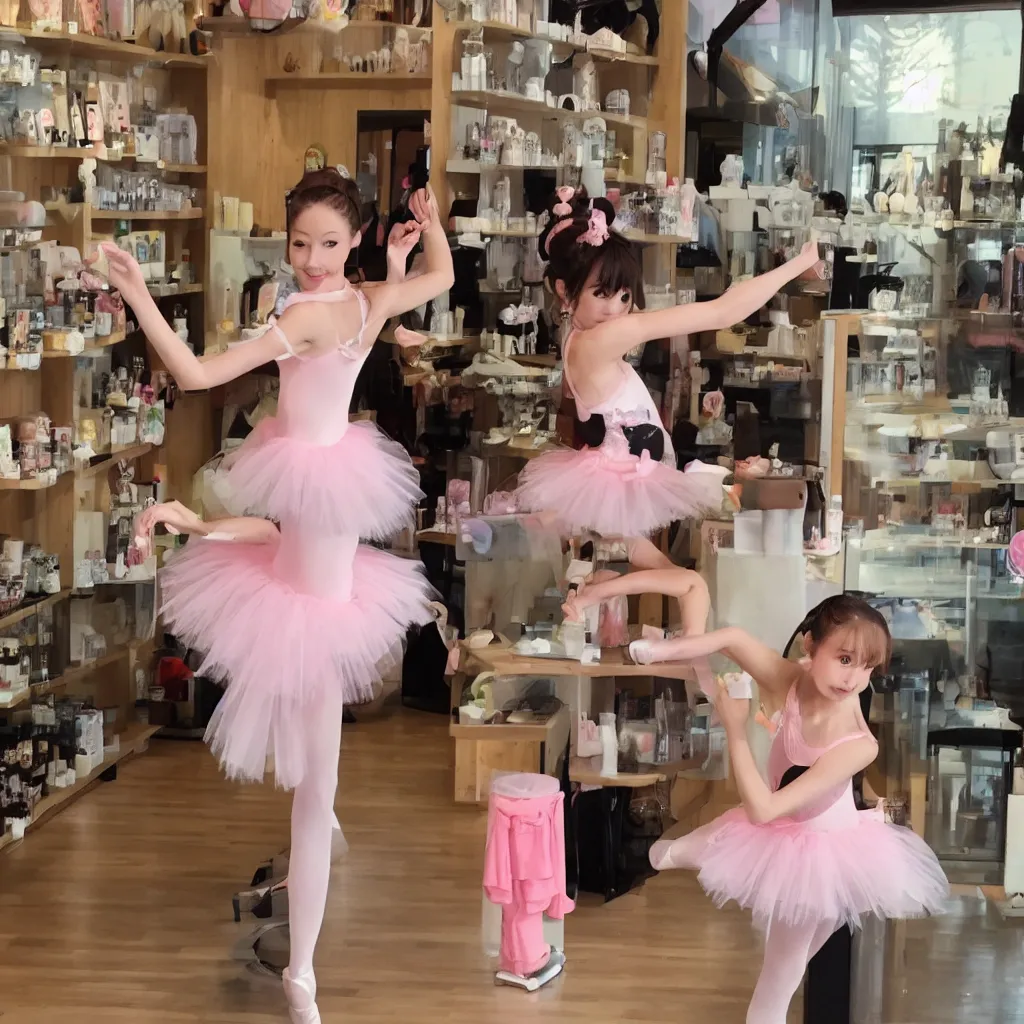 Image similar to a cute anime ballerina in a boba shop