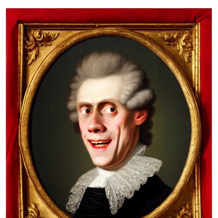 Image similar to an 18th Century royal portrait of a smiling Willem Dafoe with blood red eyes, portrait, 8k