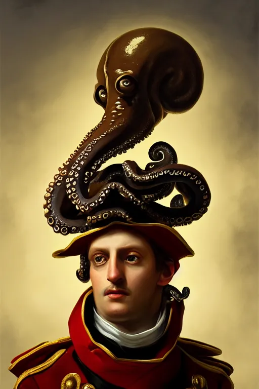 Prompt: portrait of an anthropomorphic octopus as napolean bonaparte, dramatic lighting, highly detailed, digital painting, artstation, concept art, smooth, sharp focus, illustration, art by wlop, mars ravelo and greg rutkowski