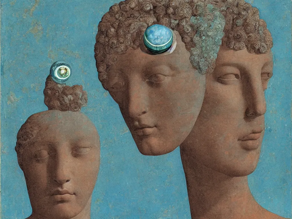 Prompt: marble greek sculpture head of the god of the cosmic horror with inlaid crystal eye. lapis - lazuli, turquoise, malachite, cinnabar, earth brown. painting by piero della francesca, balthus, agnes pelton