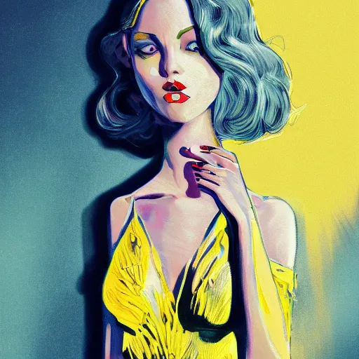 Image similar to a woman wearing a yellow dress with one leg revealed, detailed body structure, detailed face with pink lips and blue eyes, gothic atmosphere, digital art, highly detailed, high contrast, beautiful lighting, award winning, trending on art station, photorealistic, 8 k,