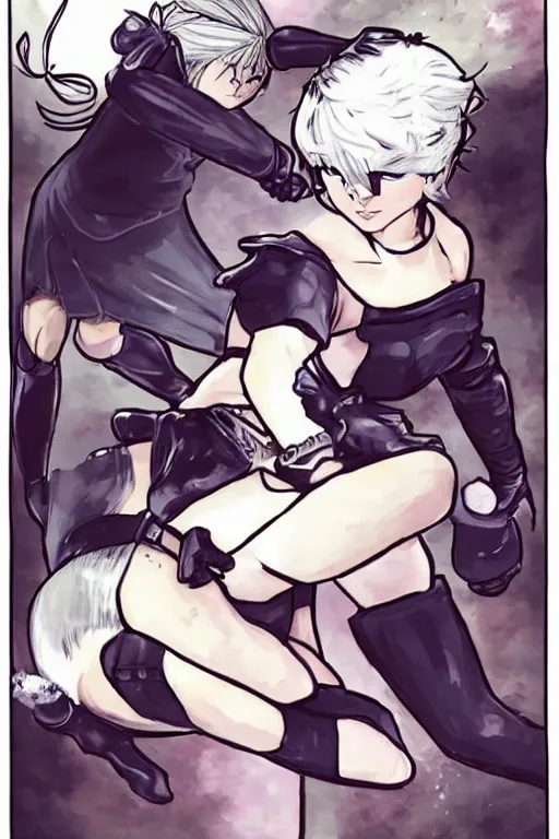 Prompt: Picture of 2B kicking a fat feminist in the head.