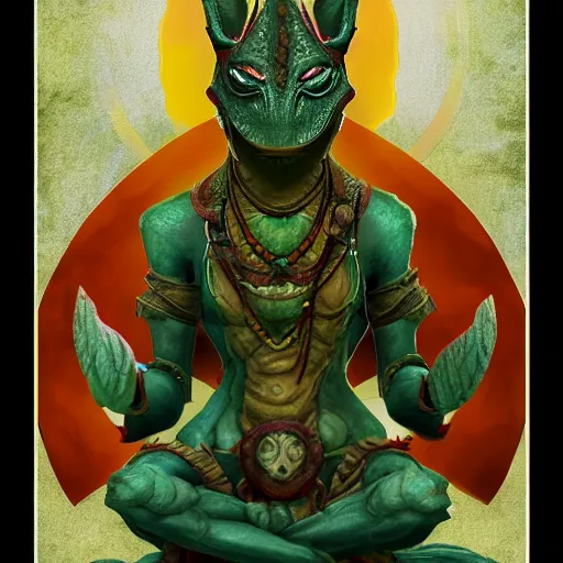 Image similar to argonian!!! bodhisattva, praying meditating, epic fantasy digital art, artstation trending