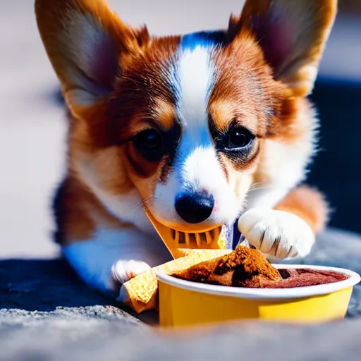Image similar to a cute corgi puppy eating icecream, Sigma 85mm f/1.4