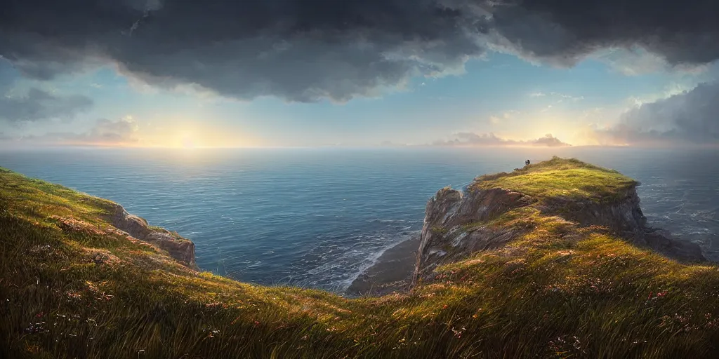 Prompt: Field on the edge of a cliff overlooking the ocean by Jessica Rossier and Alena Aenami