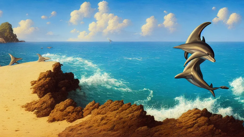 Prompt: sea, summer, clear beautiful sky, bright sky, dolphins jumping, peaceful, amazing, by andreas rocha and john howe, and Martin Johnson Heade, featured on artstation, featured on behance, golden ratio, ultrawide angle, f32, well composed