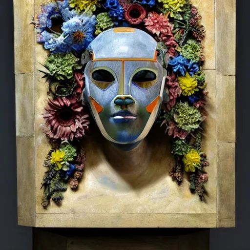 Prompt: a sculpture of a robot wearing a mask made of flowers, by annie swynnerton and diego rivera, symbolist, dramatic lighting, elaborate geometric ornament, art brut, soft cool colors, smooth, sharp focus, extremely detailed, adolf wolfli