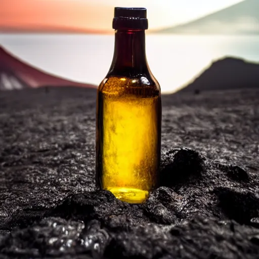 Image similar to symmetrical photo of small bottle standing in front volcano, products shot