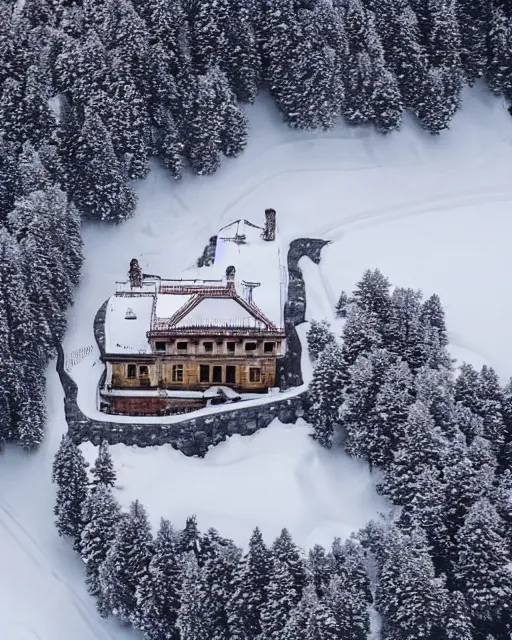 Prompt: hidden mansion in the alps with snow covered roof that was recently set on fire, zoomed out, shot from drone, iphone capture