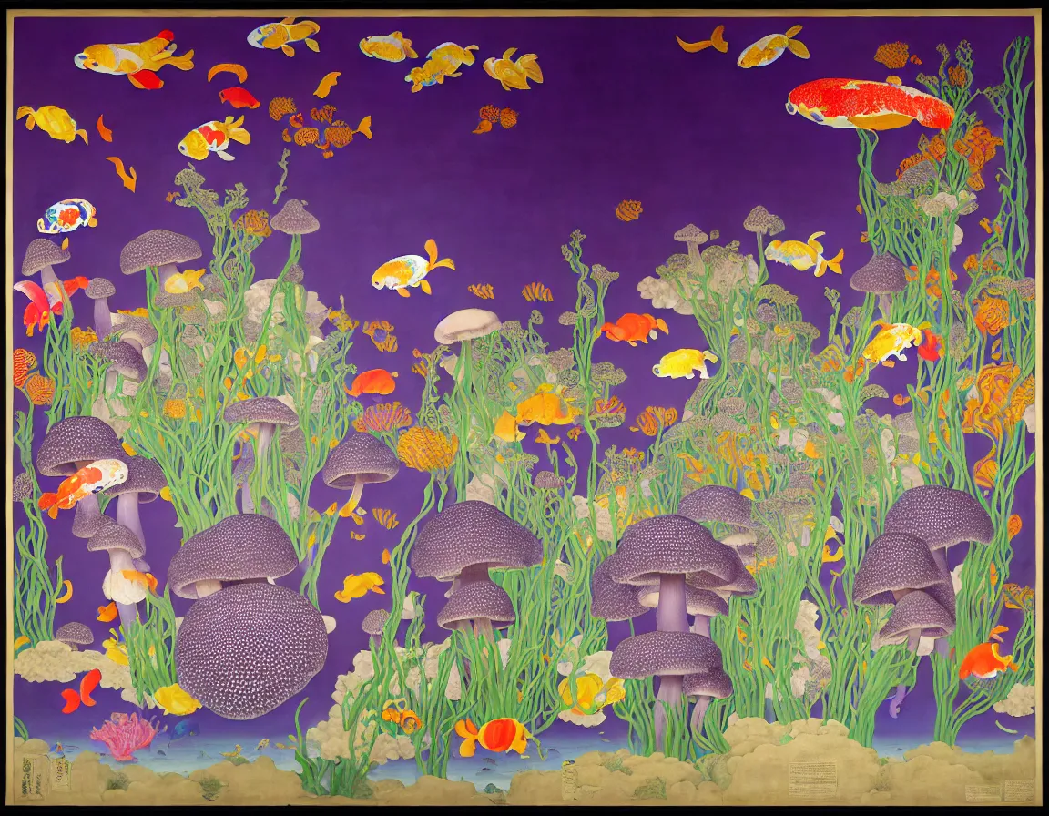 Image similar to vase of mushroom in the sky and under the sea decorated with a dense field of stylized scrolls that have opaque purple outlines, with koi fishes, ambrosius benson, kerry james marshall, afrofuturism, oil on canvas, history painting, hyperrealism, light color, no hard shadow, around the edges there are no objects