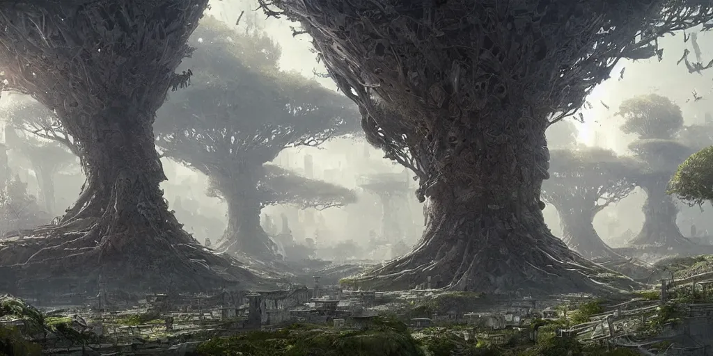 Prompt: a vast city built in an ancient tree, greg rutkowski, 8 k, shallow depth of field, intricate detail, concept art,