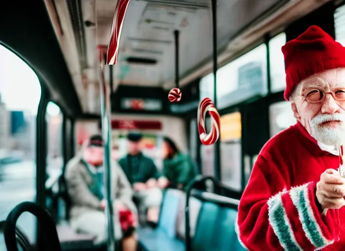 Prompt: an old man on a city bus holding a candy cane, portra 4 0 0 candid photograph portrait by brandon stanton, humans of new york, 3 5 mm shot, f / 3 2, hyperrealistic, cinematic lighting, hd wallpaper, 8 k, 4 k