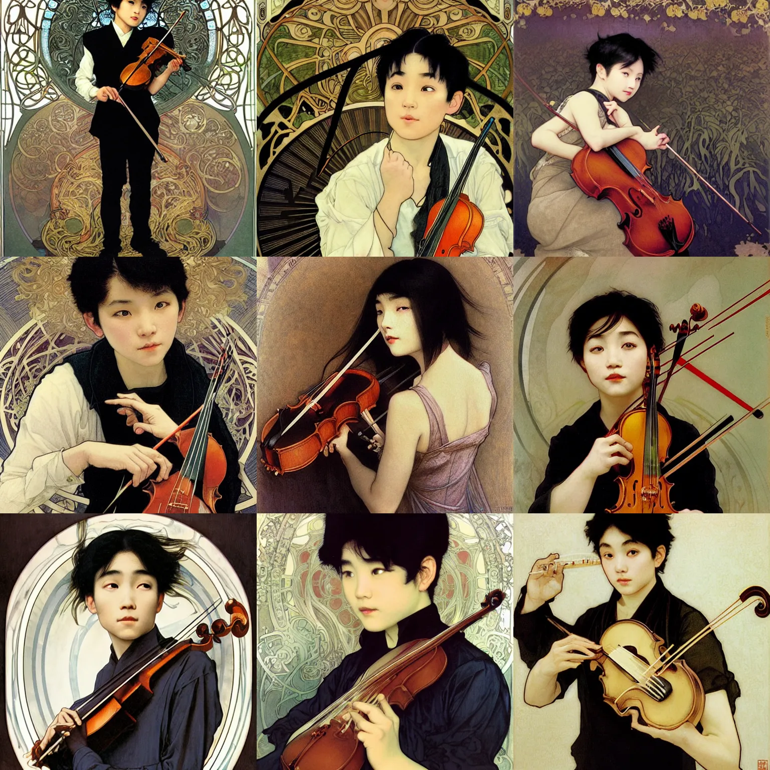 Prompt: a young asian boy with cowlick black hair wearing a black vest holding a violin in a white room, by Alphonse Mucha, Ayami Kojima, Amano, Charlie Bowater, Karol Bak, Greg Hildebrandt, Jean Delville, and Mark Brooks, Art Nouveau, Pre-Raphaelite, Neo-Gothic, gothic, Art Nouveau, rich deep moody colors