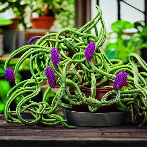 Prompt: wide shot several green and violet poisonous spiked tentacula vines grow from a pot, on wooden table in the ray of sunshine in greenhouse, digital art, hyper realistic, sharp focus, high detailed, calm, warm lighting, by Rutkowsky