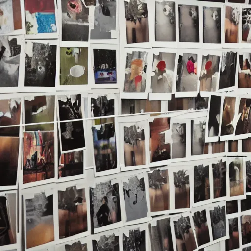 Image similar to art installation in modern gallery, thousands of polaroids on walls of imagined dreams