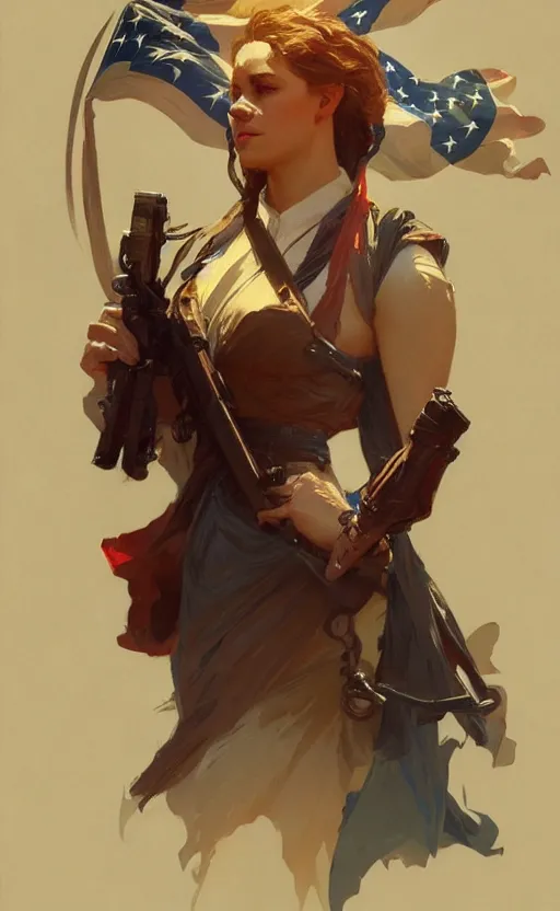 Image similar to personification of the united states of america, highly detailed, digital painting, artstation, concept art, sharp focus, illustration, art by greg rutkowski and alphonse mucha