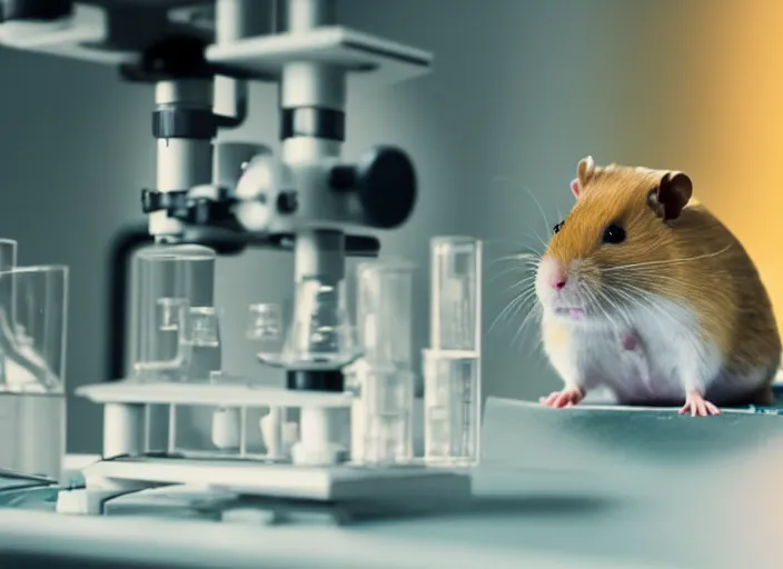 Image similar to film still of a hamster working in a research lab using a tiny microscope, 8 k