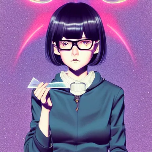 Prompt: cute impoverished college stoner woman studies pulsar stars. short silky hair, black velvet, glass, film, occlusion, shadow, specular reflection, rim light, artstation, pinterest, art by range murata and ilya kuvshinov.