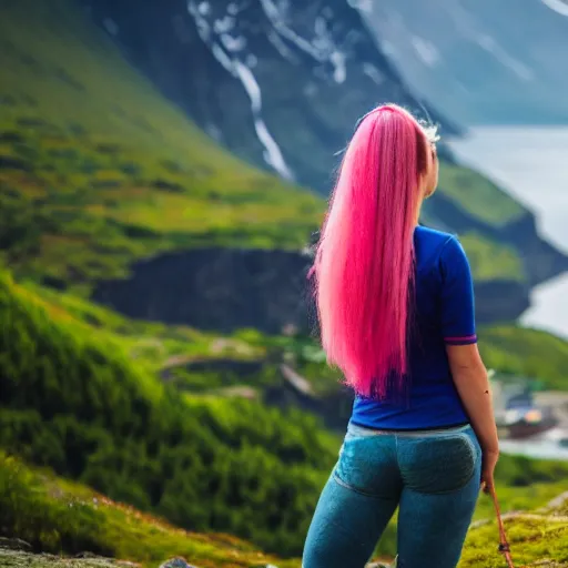 Prompt: a young woman with long pink hair looking at fjords, hiking clothes, tank top, norway, fjords in background, cinematic, beautiful, stunning, day time, epic, 8 k, 1 6 : 9