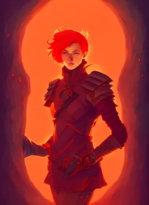 Image similar to style artgerm, joshua middleton, illustration, john krasinski as alchemist artificer wearing orange pelt light armor, anime eyes, red hair, swirling fire cosmos, fantasy, dnd, cinematic lighting