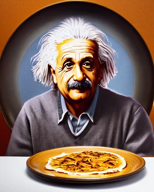 Image similar to a portrait of albert einstein sitting at the dining table with a plate containing kerala parotta in front of him, highly detailed, trending on artstation, bokeh, 9 0 mm, f / 1. 4