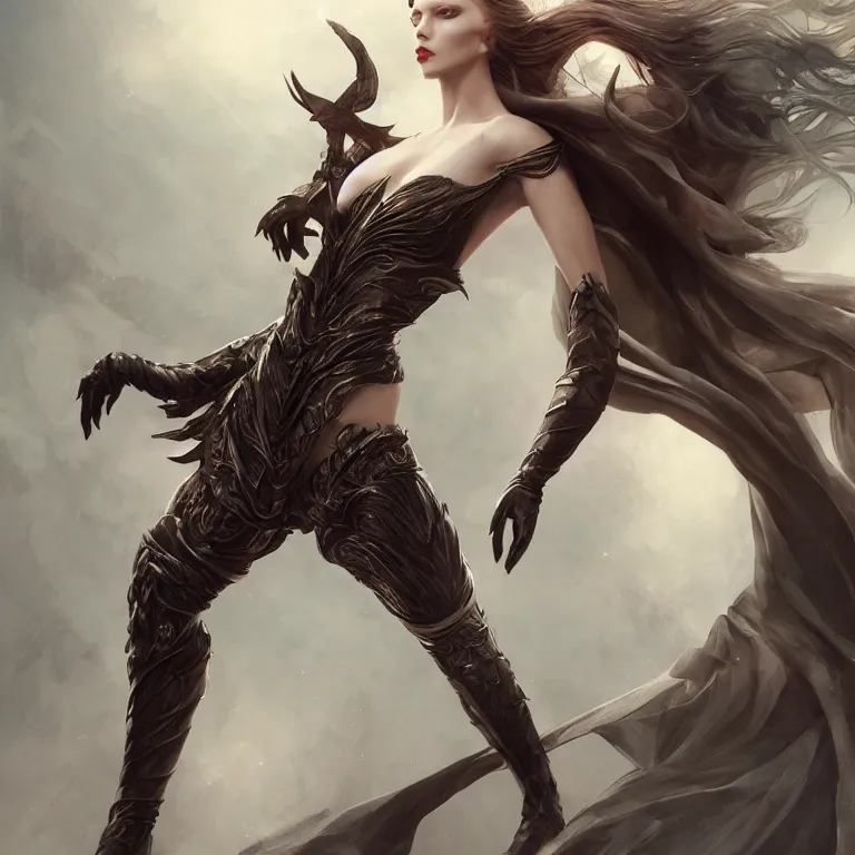 Prompt: beautiful cinematic fantasy poster, a beautiful fashion model wearing haute couture in dynamic pose, wideshot ultrawide angle epic scale, hybrid from The Elden Ring and art direction by Darius Zawadzki ;by artgerm; wayne reynolds art station; cinematic quality character render; low angle; ultra high quality model; production quality cinema model;